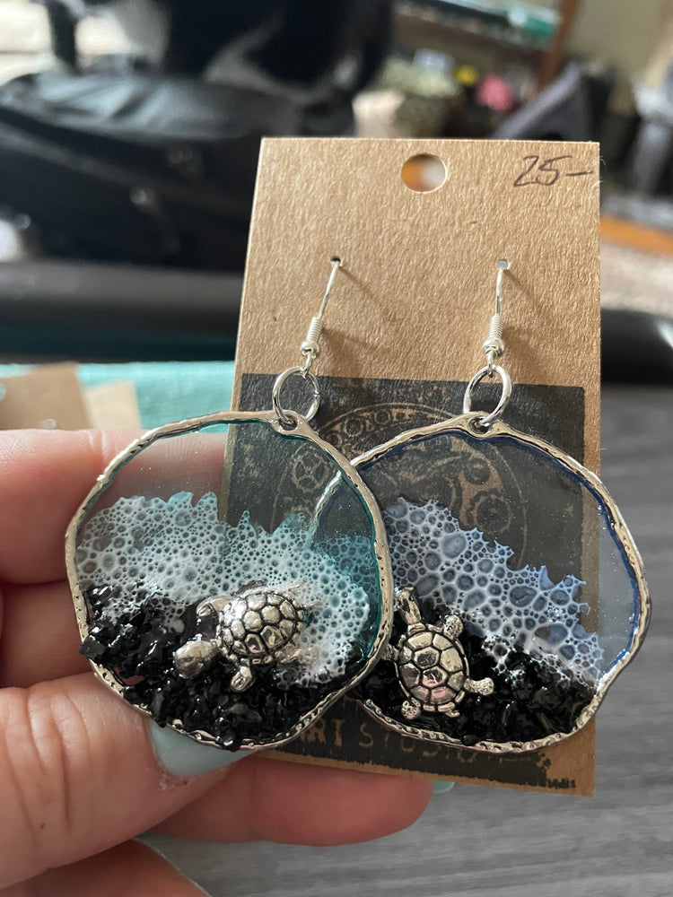 Large Turtle Black Beach Earrings