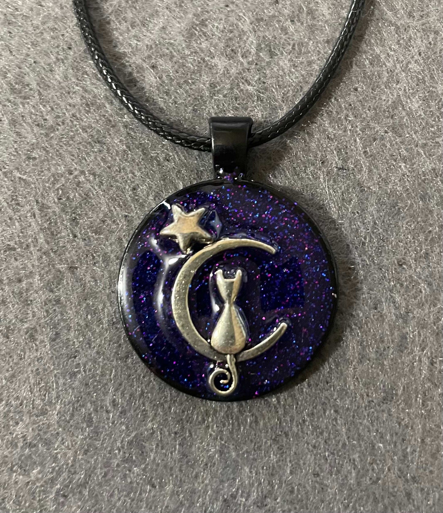 Cat in the purple moon handmade resin pendant