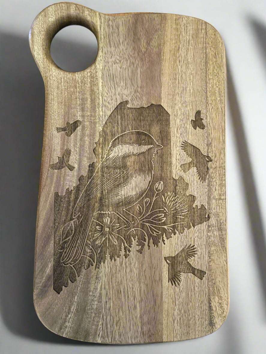 State of Maine Chickadee laser engraved cutting board