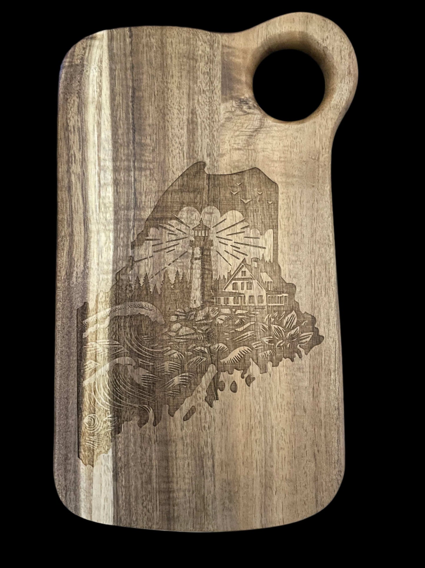 State of Maine laser engraved light house cutting board