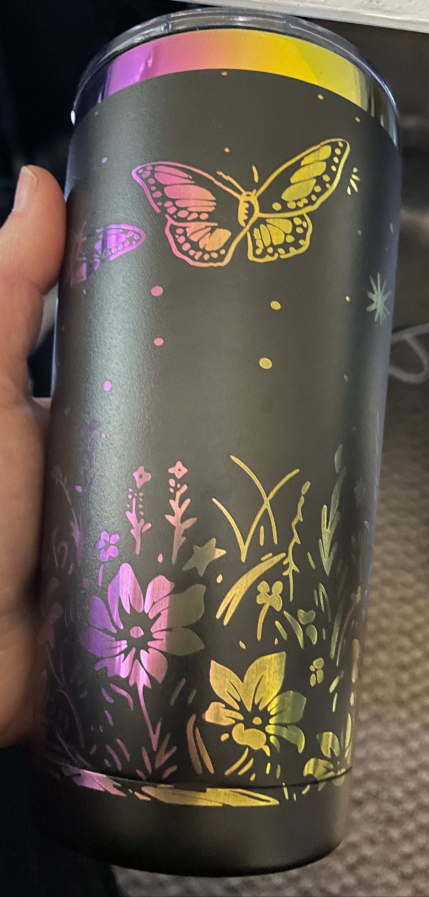 Powder Coated 20oz Tumbler Cat and Butterflies