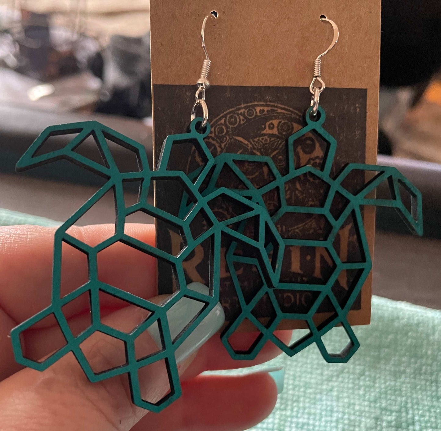 Large Wooden Geometrical Turtle Earrings