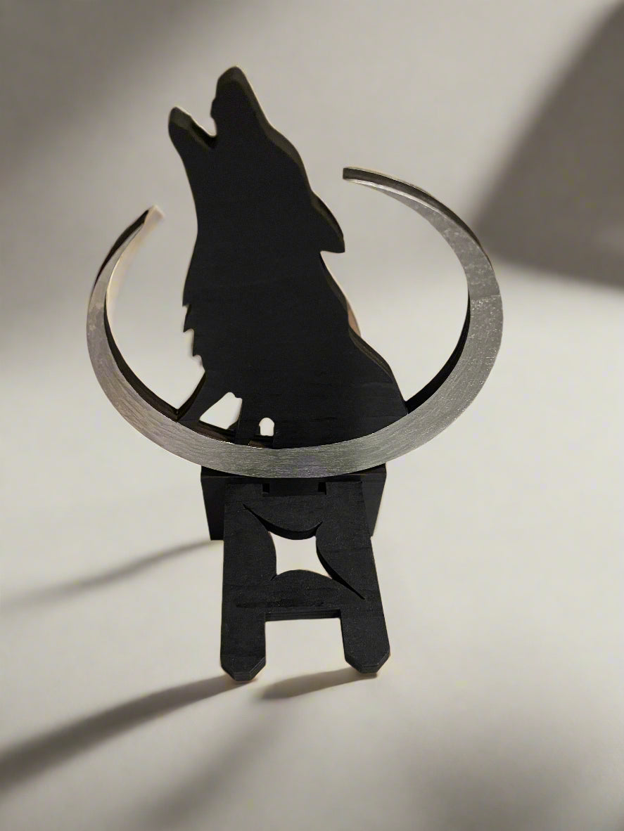 Crescent Moon and Wolf cell phone stand ~ Black & Silver