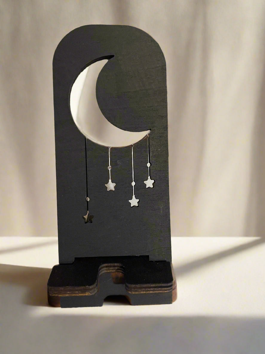 Wooden Crescent Moon Cell Phone Stand