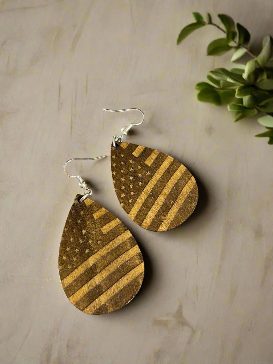 Wooden Laser Engraved American Flag Earings