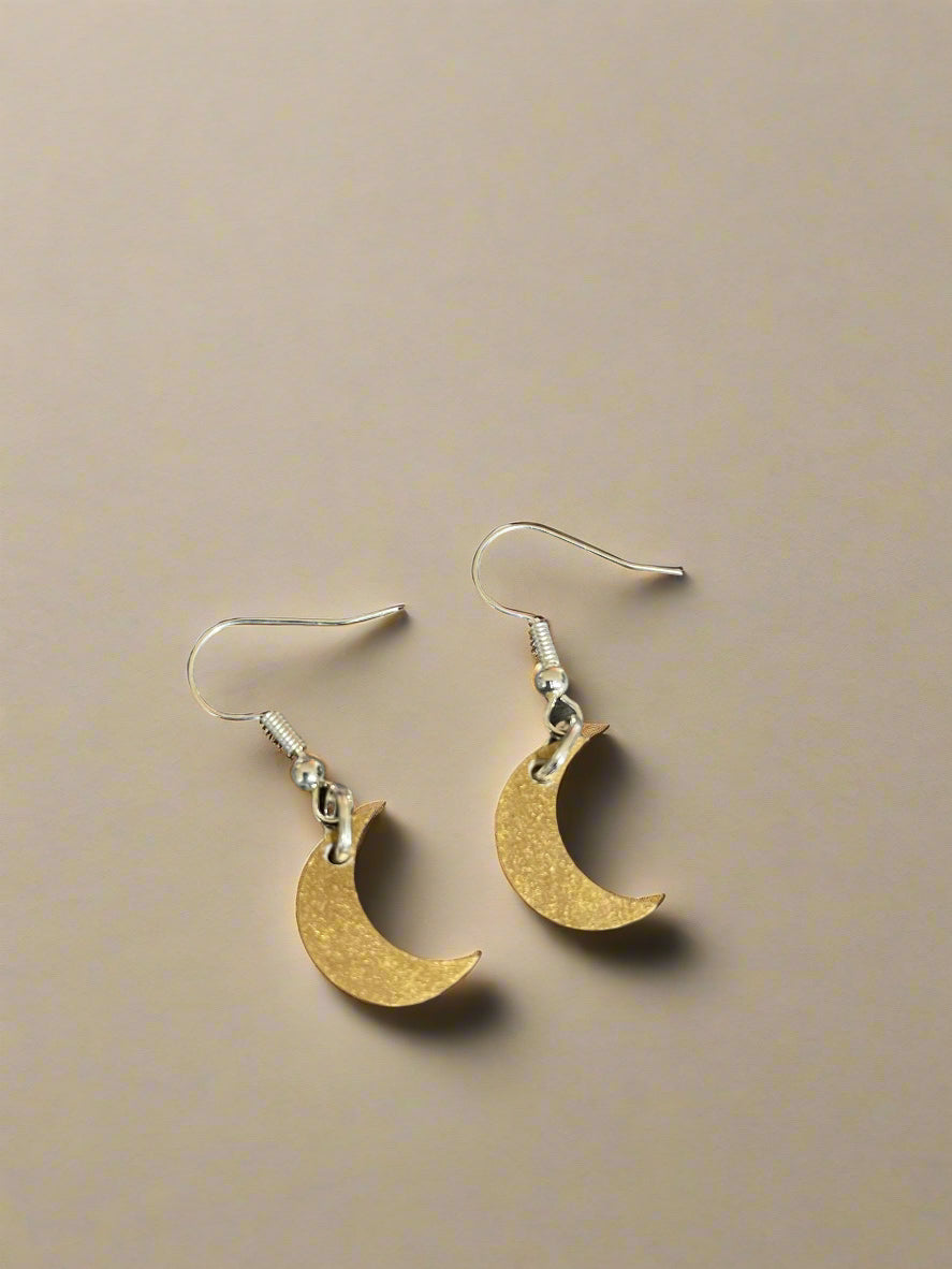 Wooden Laser Engraved Moon Earrings ~ Silver~ Gold