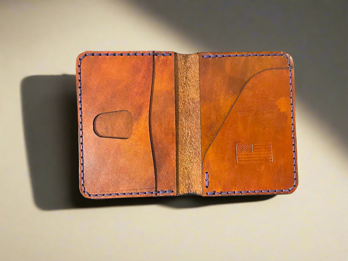 Brown Handmade Leather Wallet front view with American Flag