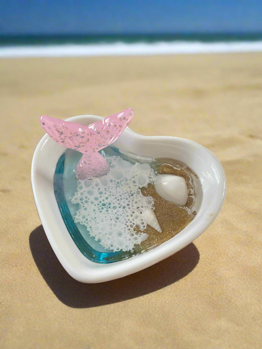 Pink Mermaid Tail with two shells heart shaped jewelry dish
