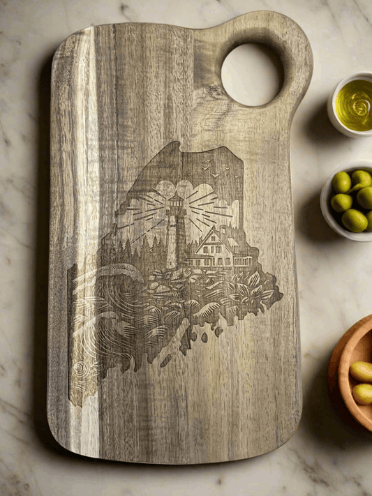 State of Maine laser engraved light house cutting board