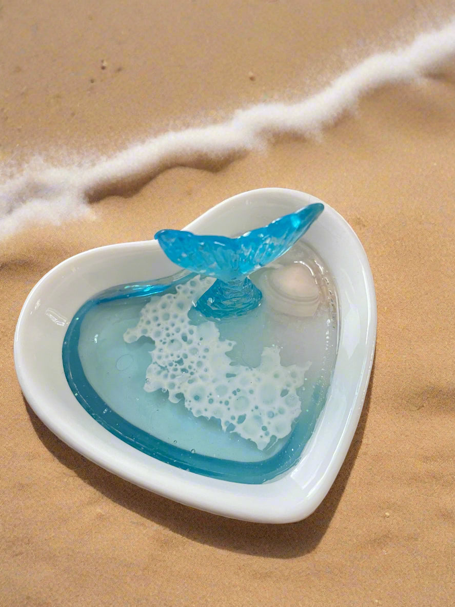 Blue Mermaid Tail with white shell heart shaped jewelry dish