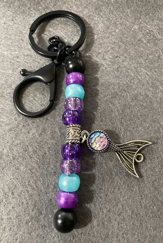 Mermaid tail keychain with beads, ocean themed