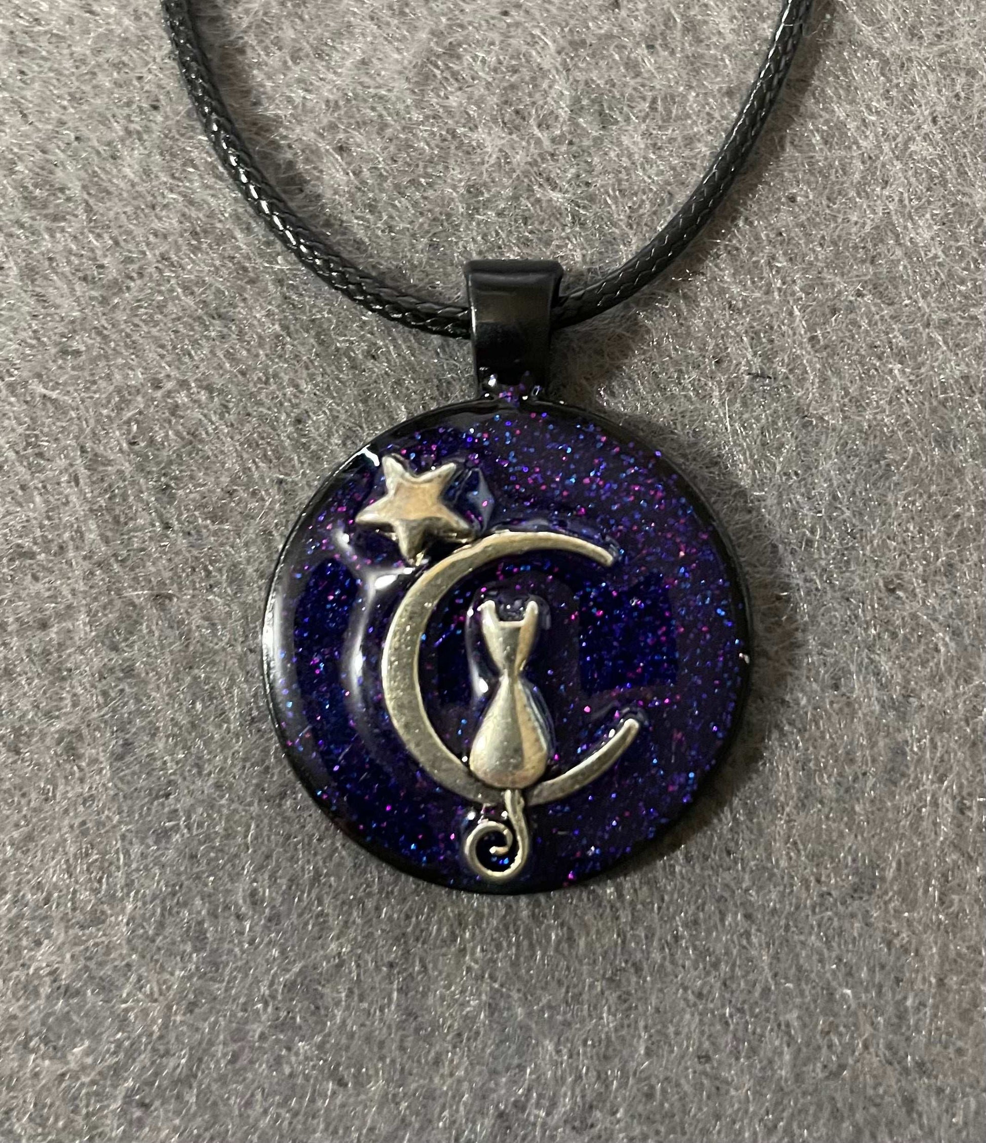 Cat in the purple moon handmade resin pendant