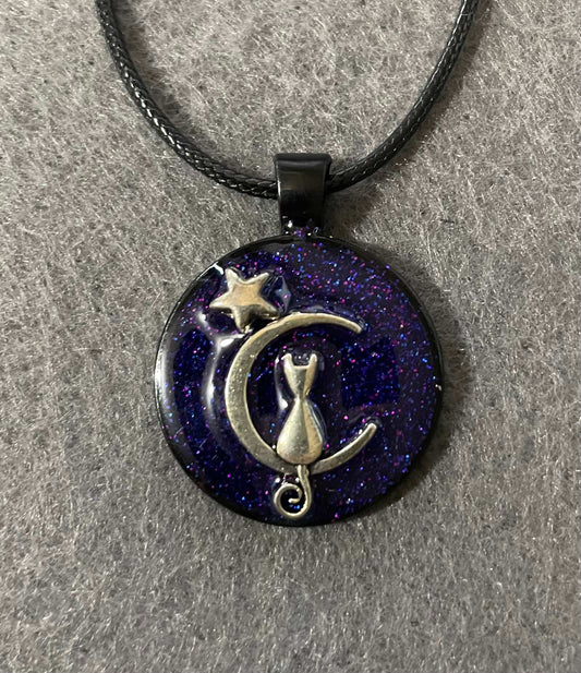 Cat in the purple moon handmade resin pendant