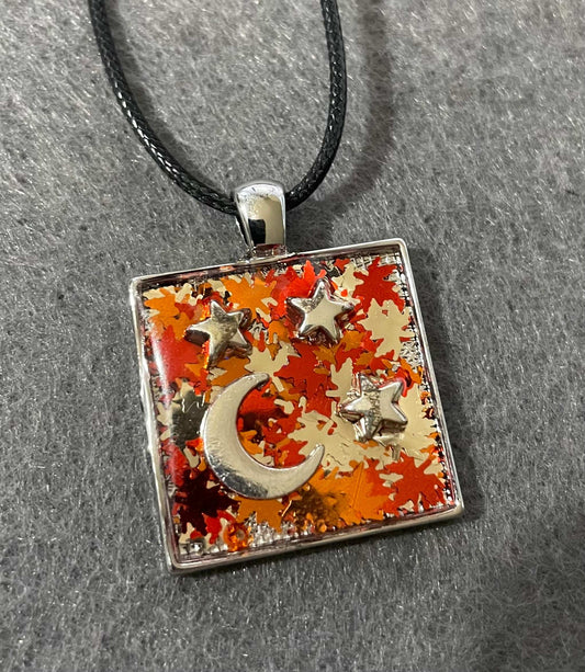 Square Fall resin pendant with moon and leaves