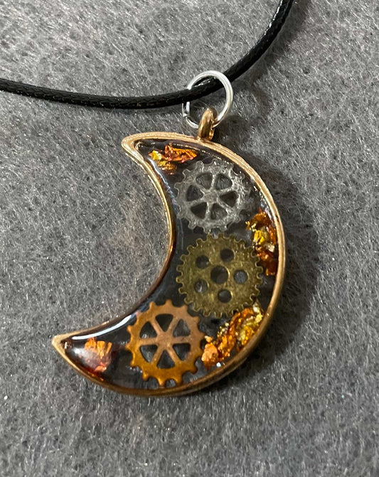 Moon and gears handmade resin pendant