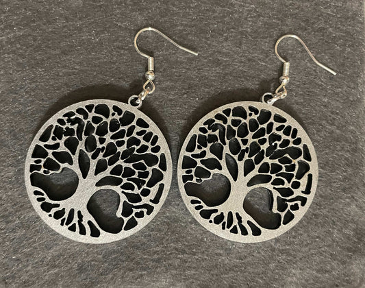 Tree of Life Laser Engraved wooden Earrings ~ Silver
