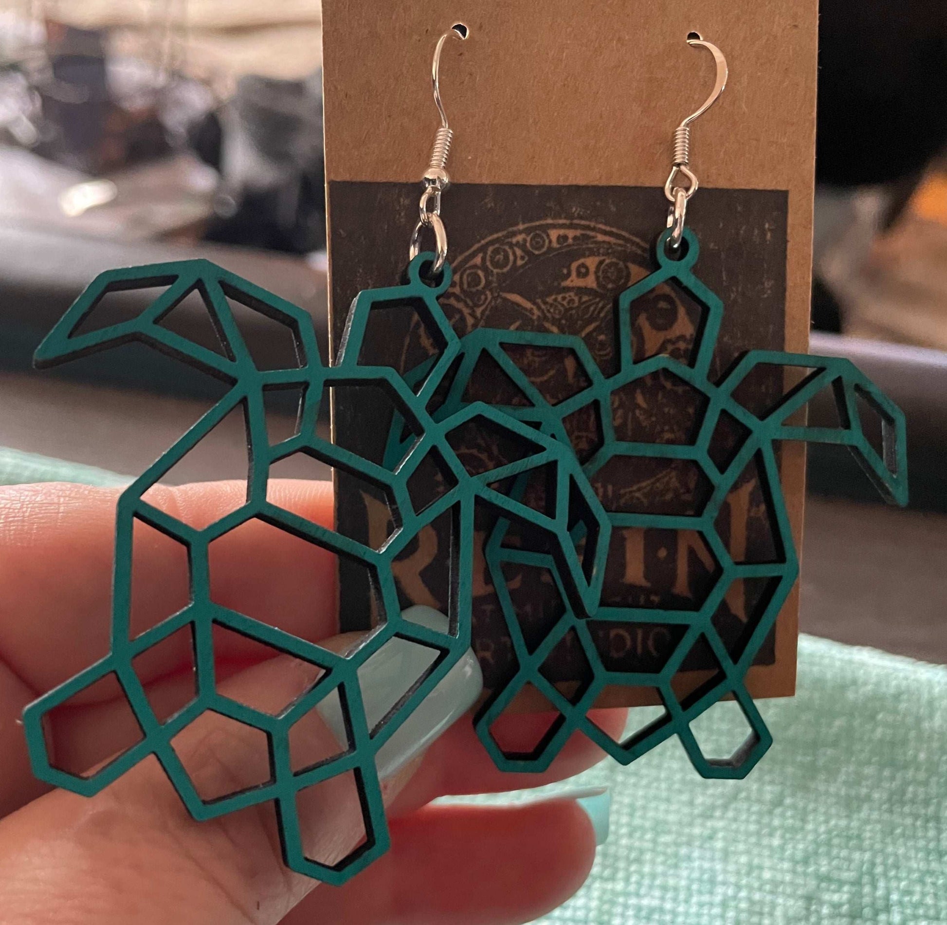 Large Wooden Geometrical Turtle Earrings