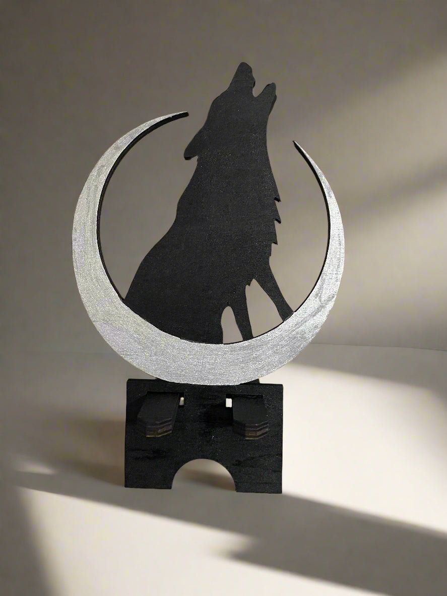 Crescent Moon and Wolf cell phone stand ~ Black & Silver