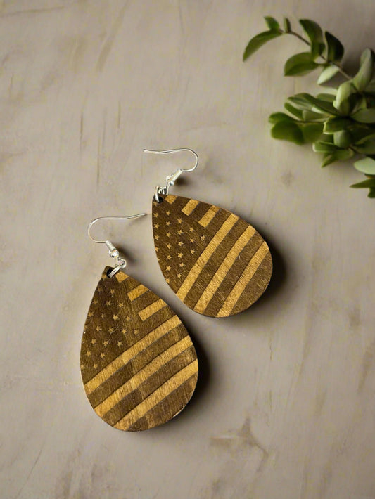 Wooden Laser Engraved American Flag Earings