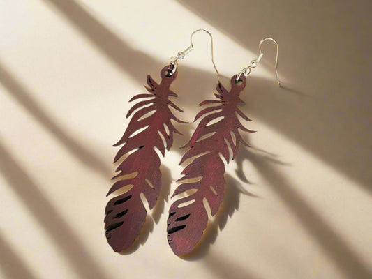 Wooden Laser Engraved Feather Earrings ~ Maroon