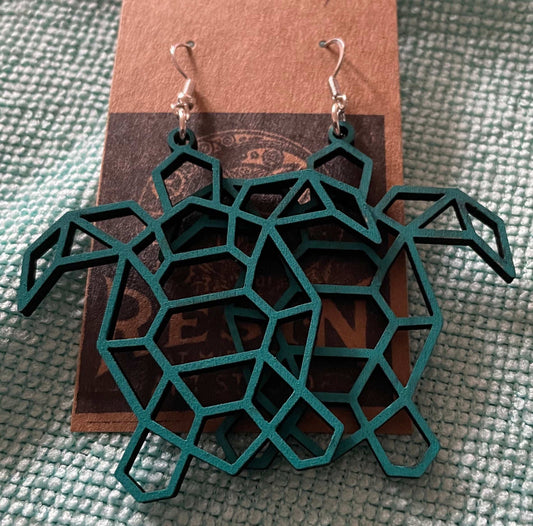 Large Wooden Geometrical Turtle Earrings